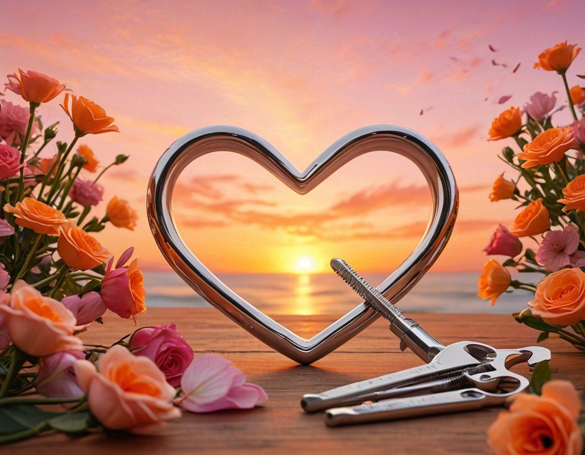 A heart-shaped toolkit open, filled with various tools like a wrench, screwdriver, and a measuring tape, symbolizing love maintenance. Surrounding the toolkit are soft pastel flowers and glowing musical notes, representing harmony and affection in relationships. The background features a serene sunset, casting warm light on the scene. super-realistic. warm colors. soft focus.