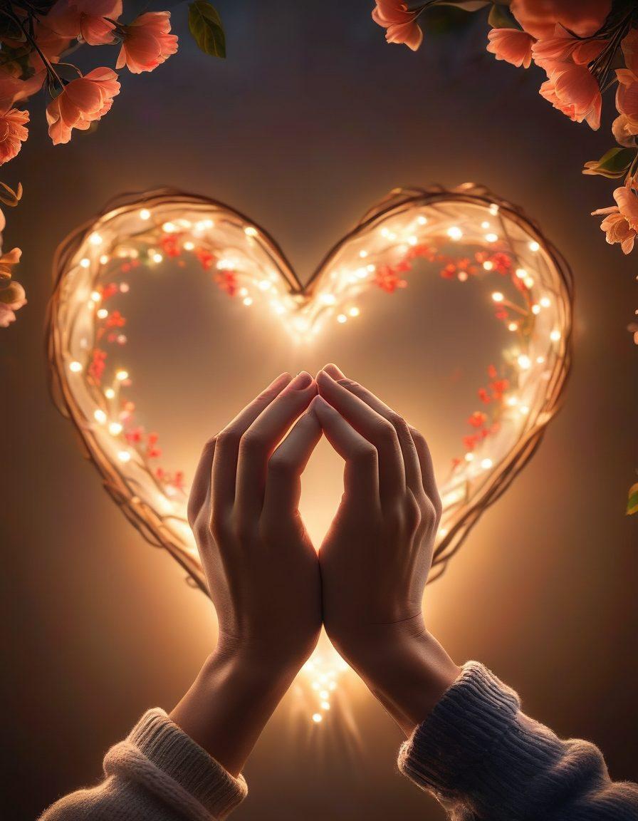 A warm and intimate scene depicting a couple sharing a heartfelt moment, surrounded by soft glowing lights, warm colors, and cozy textures. Include elements like intertwined hands, a glowing heart shape in the background, and gentle flowers to symbolize affection. The overall ambiance should evoke love and connection, capturing the essence of romance. super-realistic. vibrant colors. soft focus.