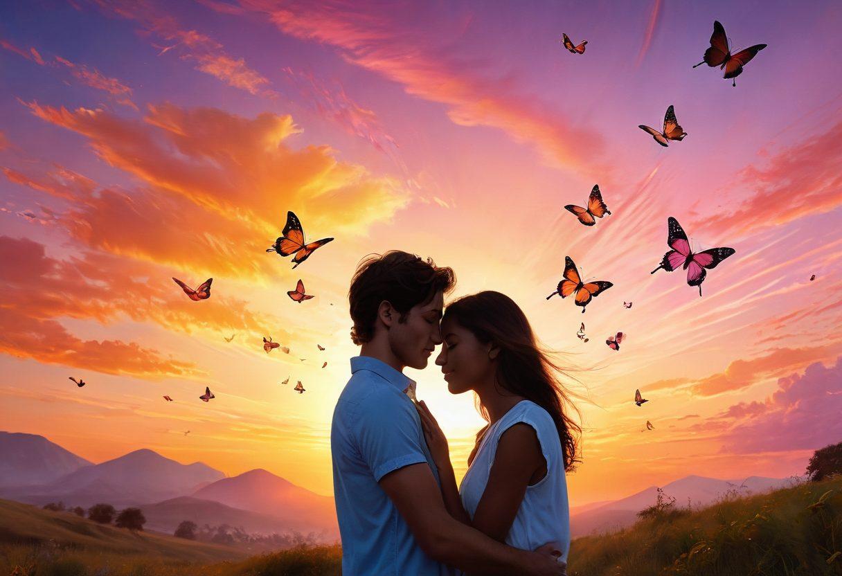 A harmonious scene depicting two individuals turning from discord to harmony, surrounded by musical notes transforming into colorful butterflies, symbolizing the transition from dissonance to delight. A gentle sunset in the background adds warmth, while vibrant colors evoke emotions of joy and connection. super-realistic. vibrant colors. soft focus.